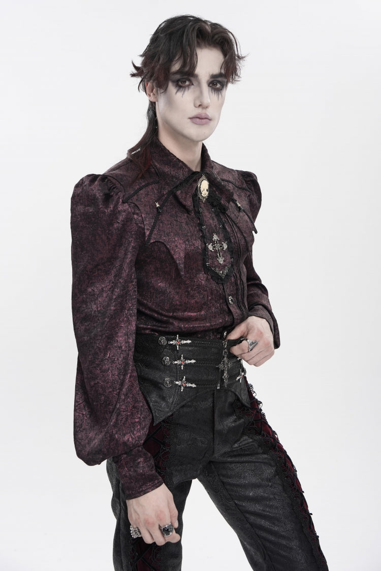 Red Lapel Collar Long Lantern Sleeves Jacquard Bow Men's Gothic Shirt - Product - 14