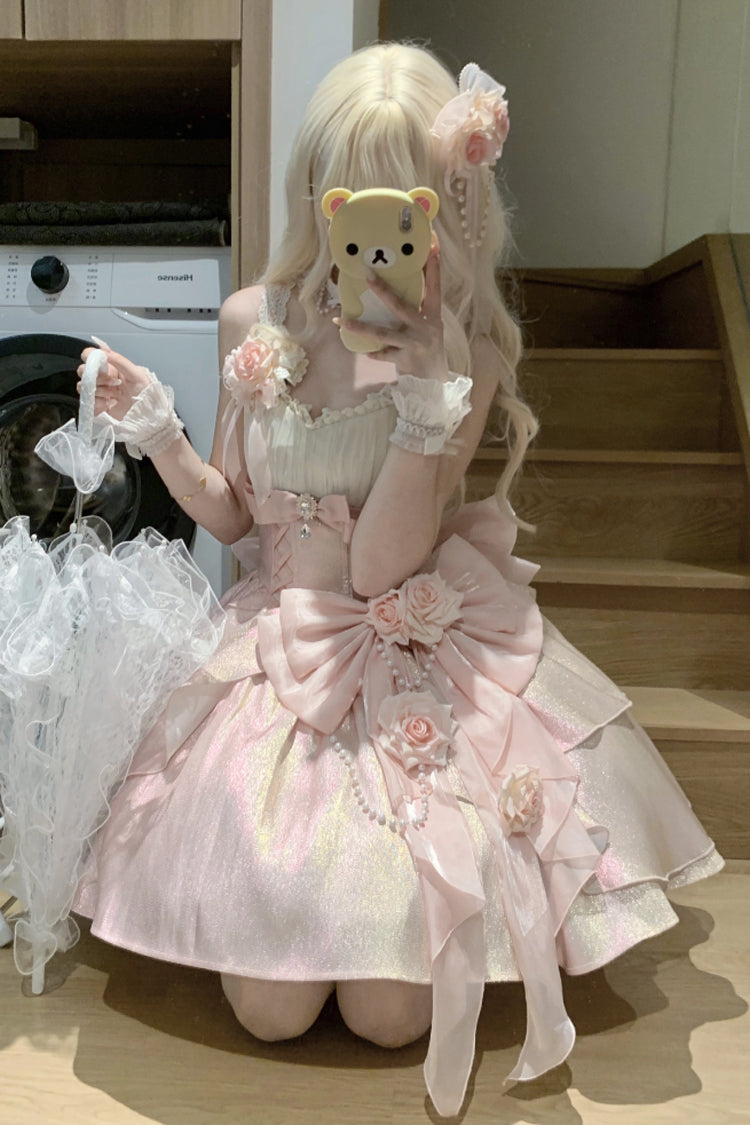 Pink [Rose Heart Knot] Ruffle Hanayome Bowknot Sweet Princess Gorgeous Lolita Jsk Dress - Product - 7