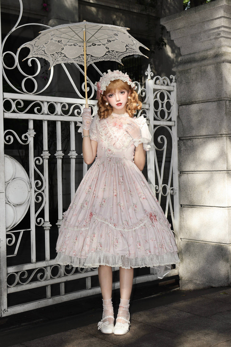 [Daydream Rose] Short Sleeves Floral Jacquard Print Ruffle Embroidery Bowknot Sweet Lolita Dress 3 Colors - Product - 19
