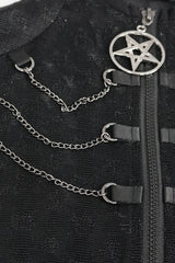 Black Mid-High Collar Front Neck Zipper Hanging Chain Mesh Fabric Long Sleeve Women's Punk T-Shirt - Product - 5