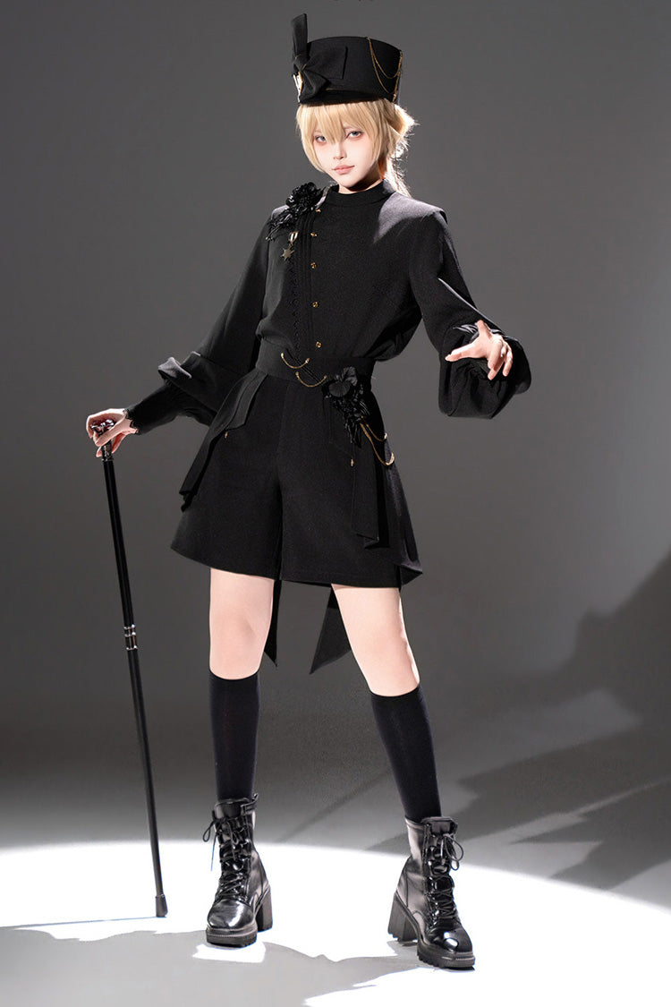 Black [Will of the Rose] Round Collar Long Sleeves Asymmetric Gothic Vintage Elegant Knight Prince Ouji Lolita Blouse Shorts Set - Product - 2