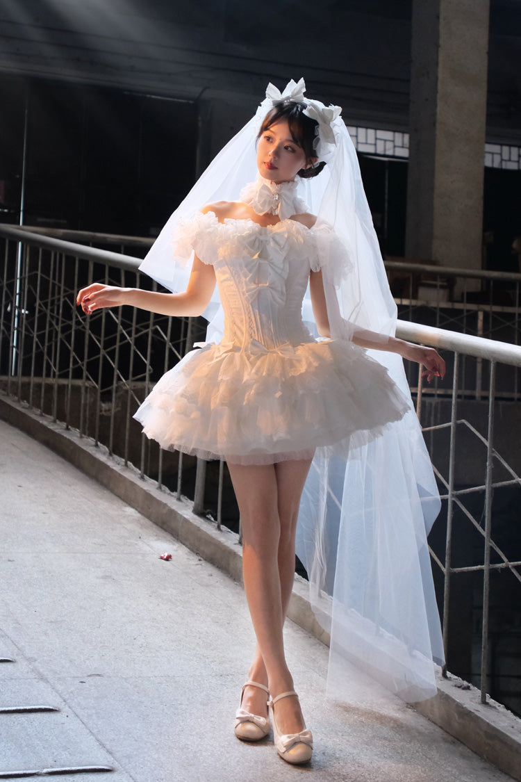 White [Pure White Prayer · Snow Love] Square Collar Ruffled Bow Lace Classic Gothic Lolita Dress Set - Product - 2