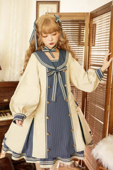 Blue/Apricot Navy Collar Long Sleeves Print Ruffle Bowknot Sweet Plus Size Lolita Dress - Product - 2