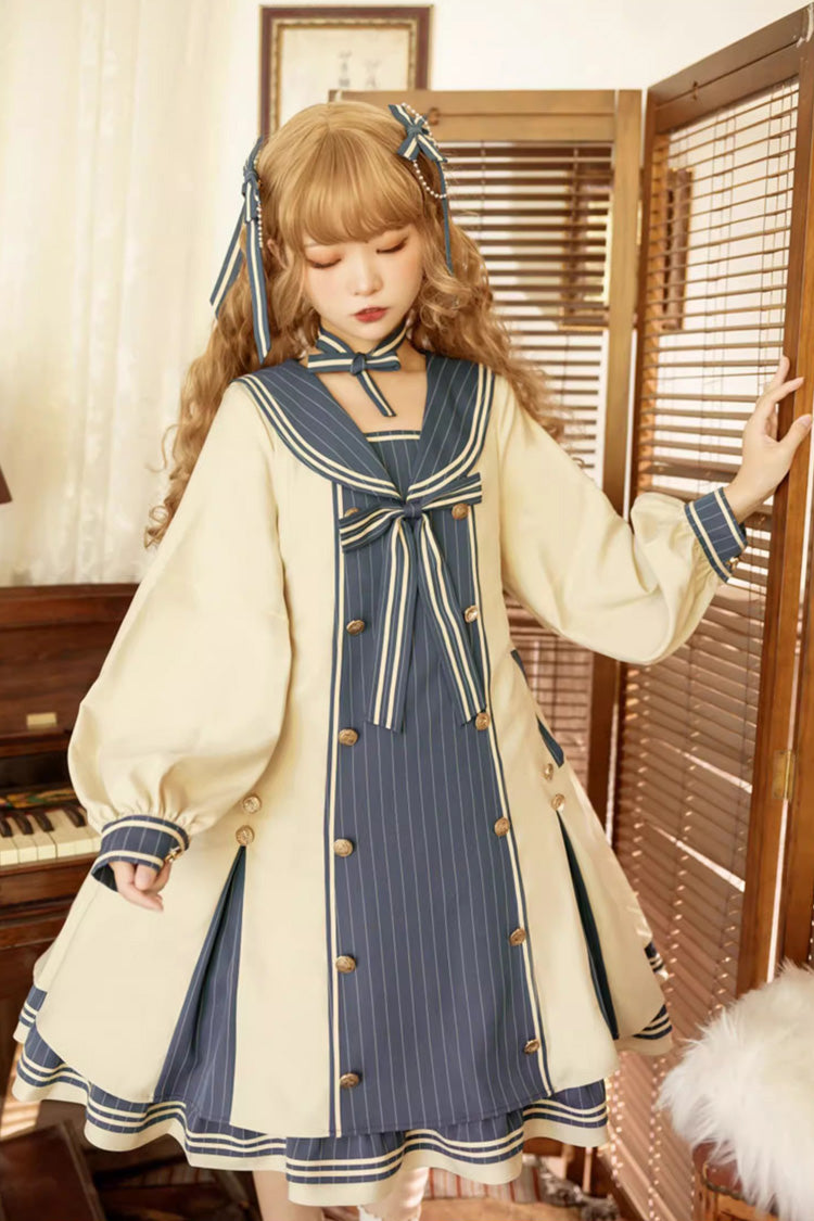Blue/Apricot Navy Collar Long Sleeves Print Ruffle Bowknot Sweet Plus Size Lolita Dress - Product - 2