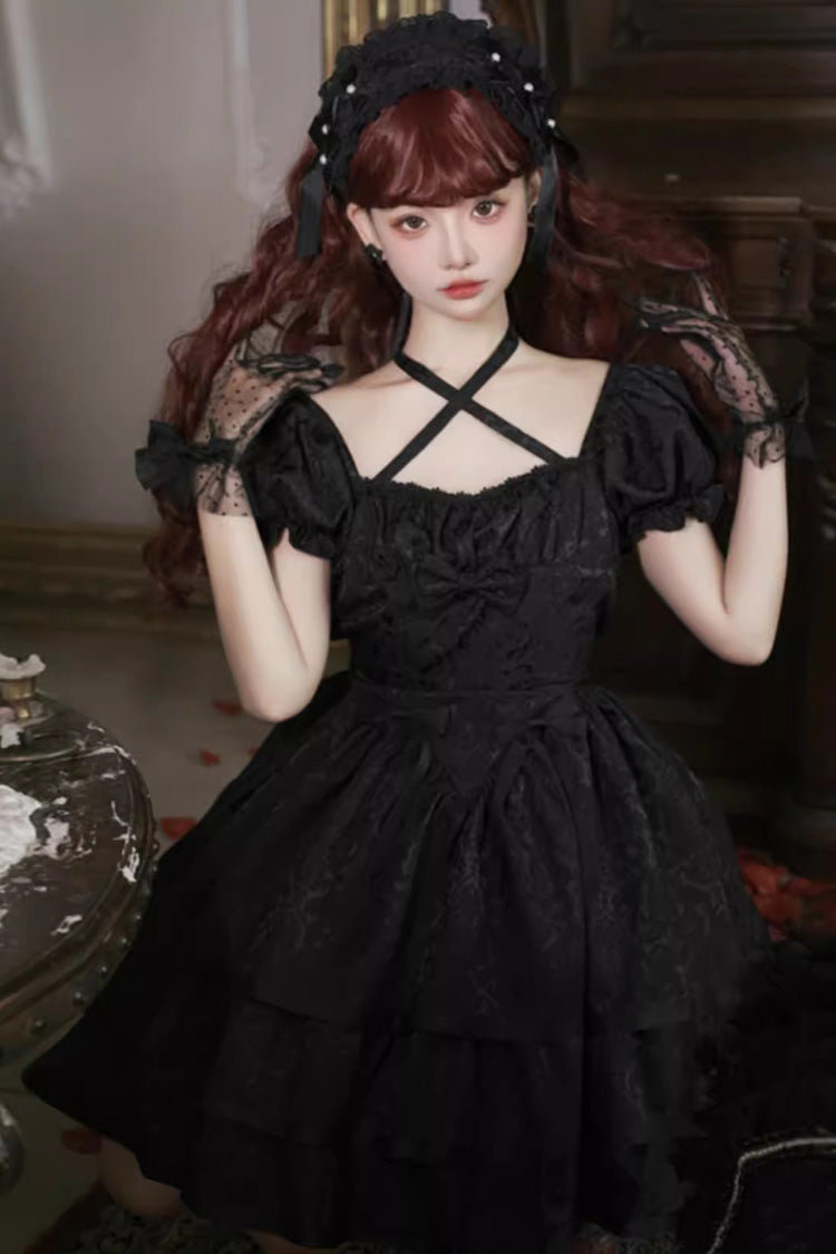 Black Thorn Rose Short Sleeves Multi-layer Ruffle Bowknot Gothic Princess Lolita Dress - Product - 4