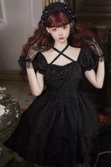 Black Thorn Rose Short Sleeves Multi-layer Ruffle Bowknot Gothic Princess Lolita Dress - Product - 4