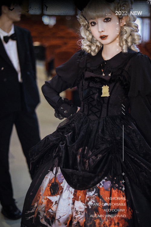 Black Lace Ruffled Organza Material Witch High Waisted Gothic Lolita JSK Dress - Product - 4