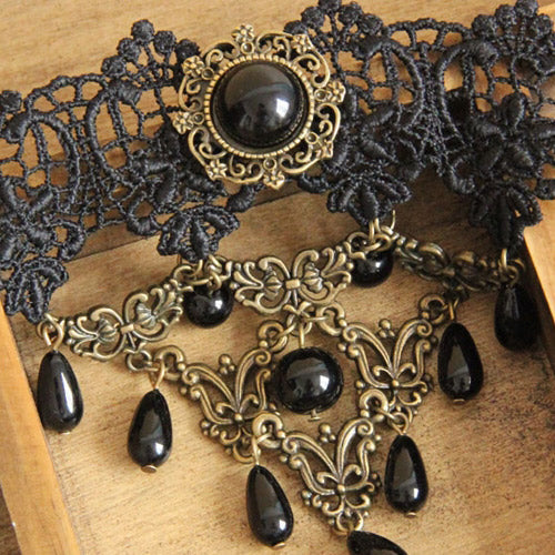 Black Retro Palace Style Lace And Pearl Sweet Necklace - Product - 4