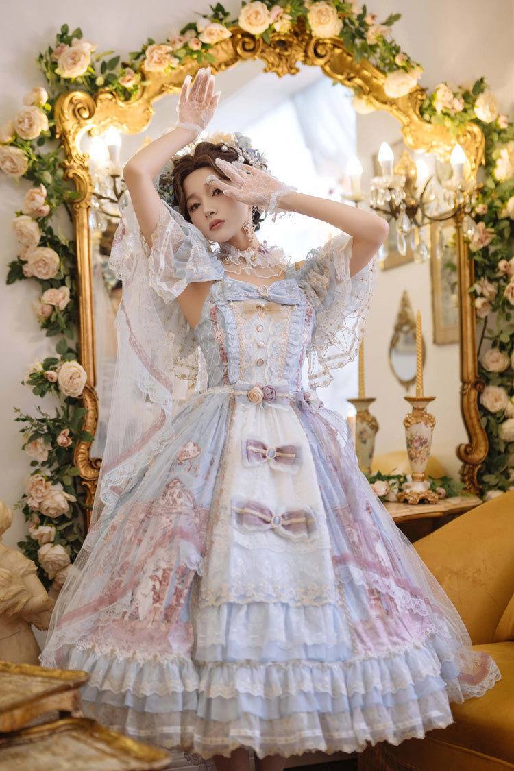 Blue [Moonlight Melody] Off Shoulder Sleeveless Multi-Layered Hanayome Open-Front Bow Lace Sweet Gorgeous Lolita Jsk Dress Set - Product - 3