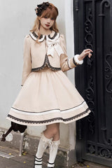 Light Tan Doll Collar Bowknot Autumn Winter Sweet College Style Lolita Dress Two Piece Set - Product - 4