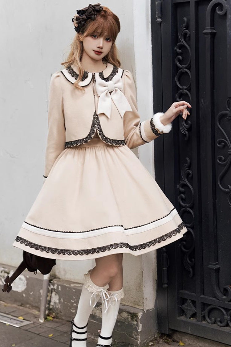 Light Tan Doll Collar Bowknot Autumn Winter Sweet College Style Lolita Dress Two Piece Set - Product - 4