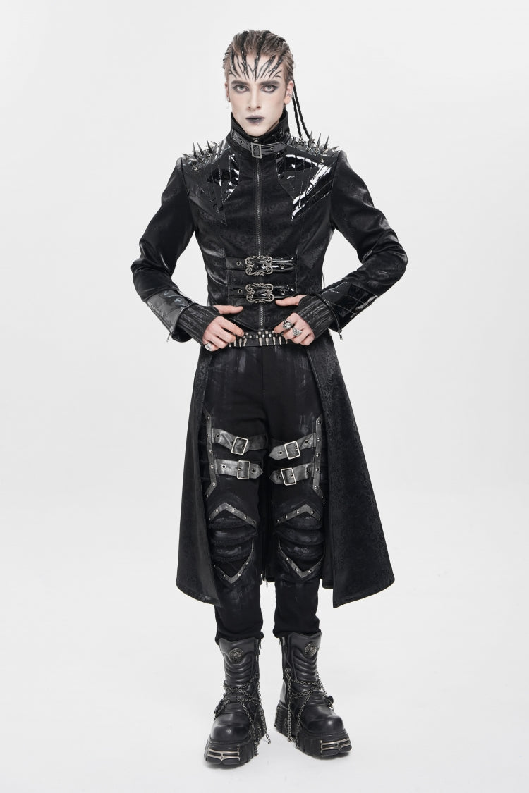 Black Stand Collar Floral Print Rivet Buckle Zipper Straps Men's Punk Coat - Product - 5