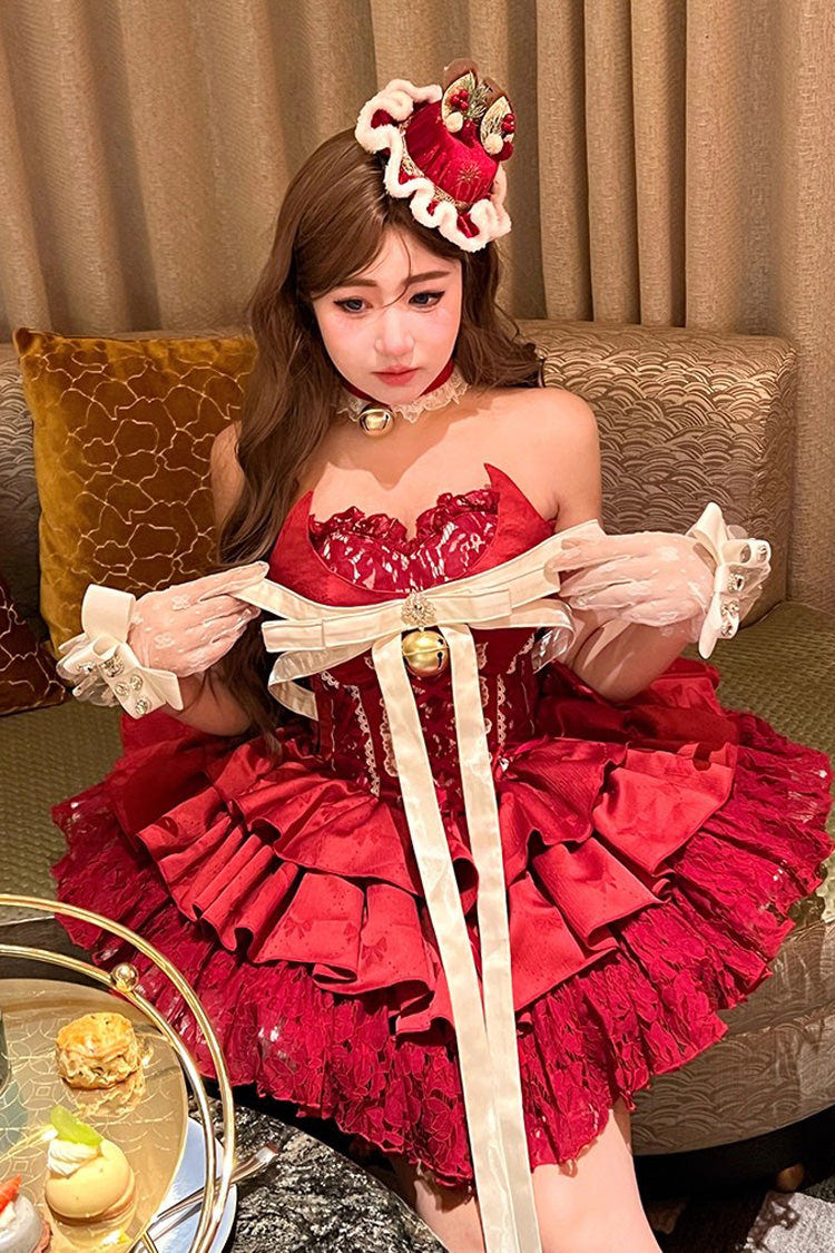 Red [Holiday Lovers] Sleeveless Triple-Layered Ruffle Hollow Bowknot Lace-Up Princess Ballet Sweet Lolita Dress - Product - 4