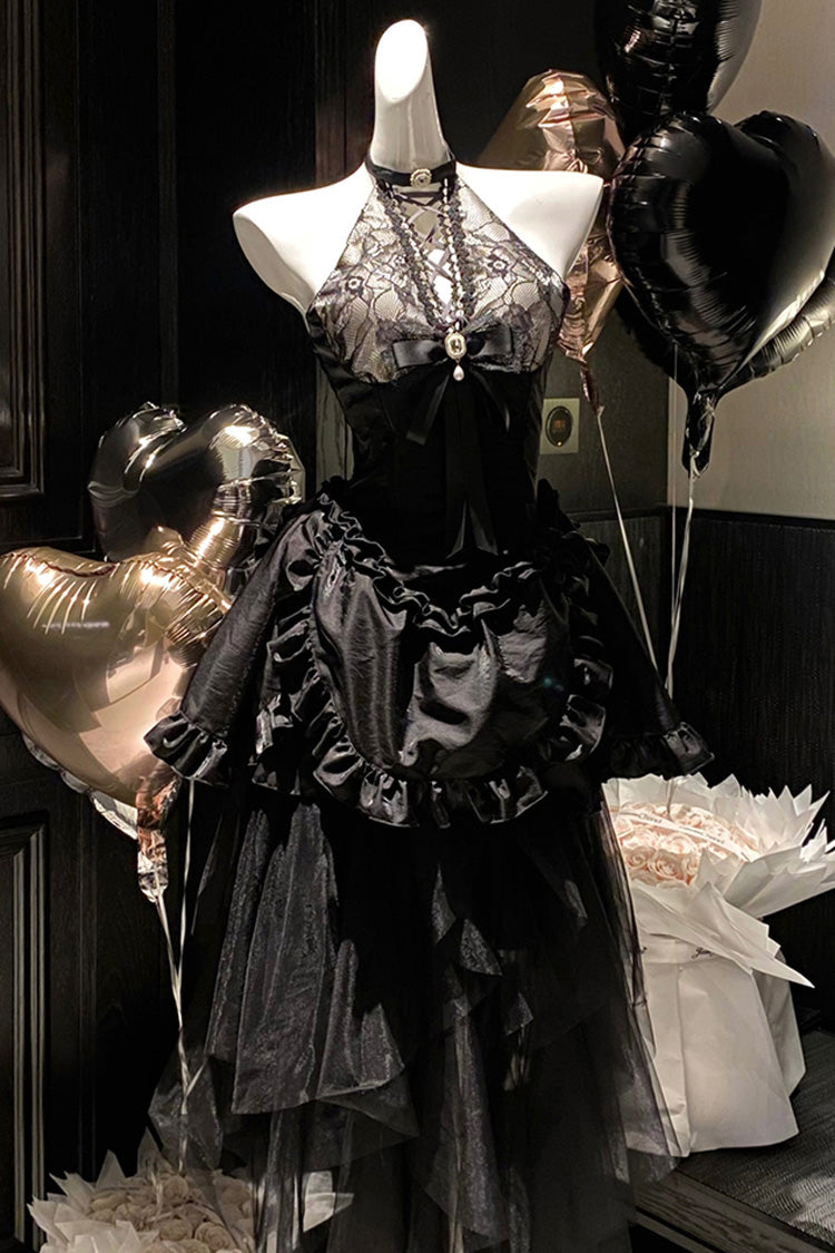 Black Ruffle Bowknot Lace Irregular Gothic Lolita Skirt Two-piece Set - Product - 3