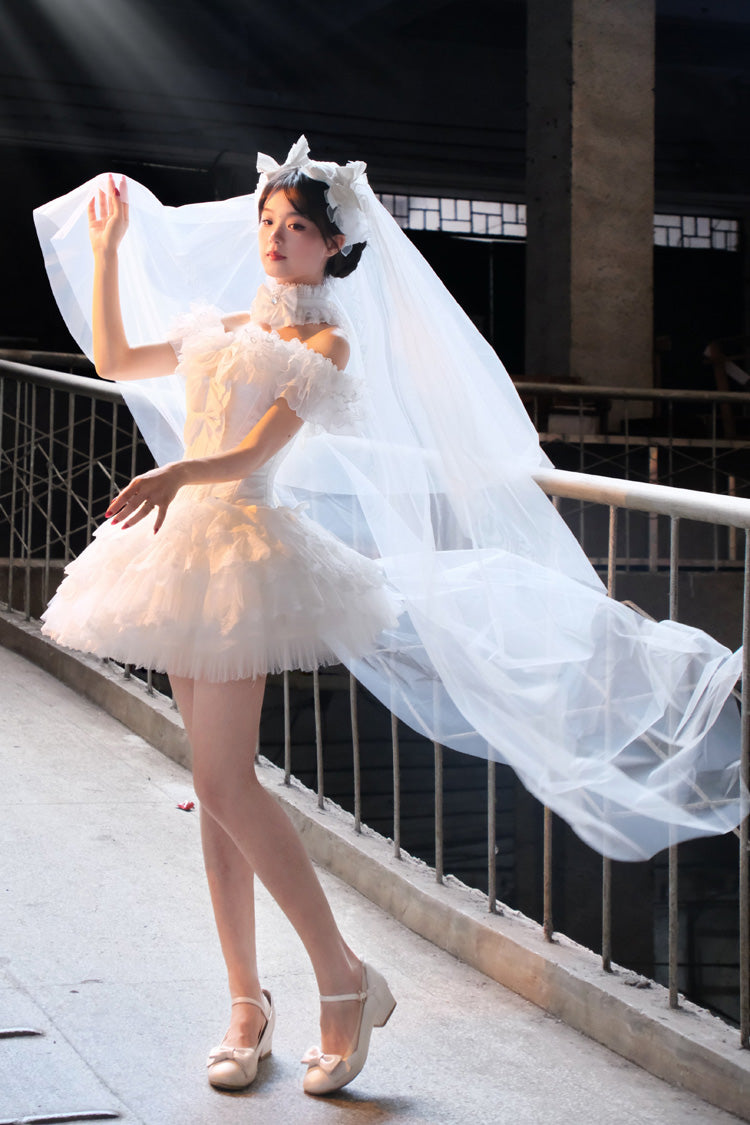 White [Pure White Prayer · Snow Love] Square Collar Ruffled Bow Lace Classic Gothic Lolita Dress Set - Product - 4