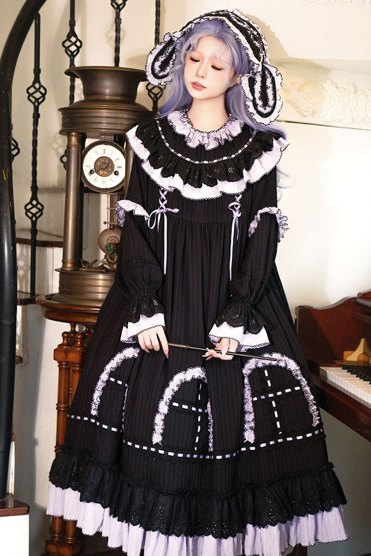 Black [Twin Lilian] Round Collar Long Sleeves Double-Layered Ruffled Bow Lace-Up Gothic Lolita Dress - Product - 8