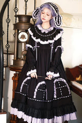 Black [Twin Lilian] Round Collar Long Sleeves Double-Layered Ruffled Bow Lace-Up Gothic Lolita Dress - Product - 8