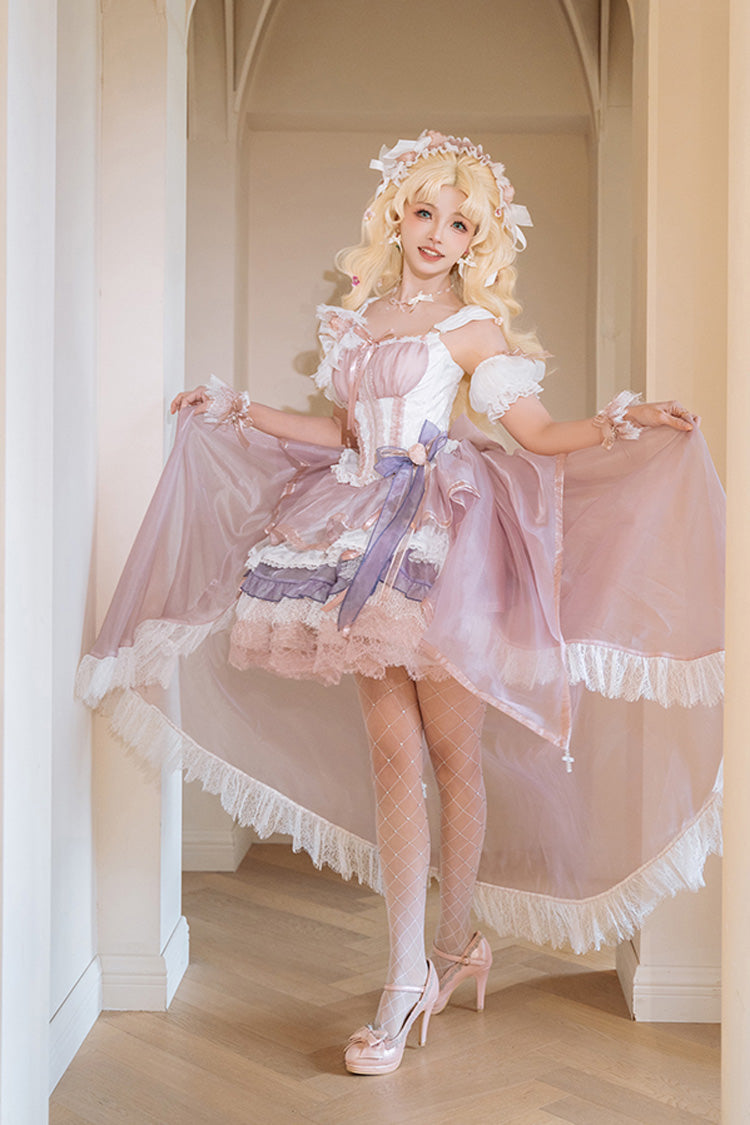 Pink/Purple [Rose Memoirs] Sleeveless Multi-Layered Bowknot Lace Sweet Lolita Skirt Set - Product - 5
