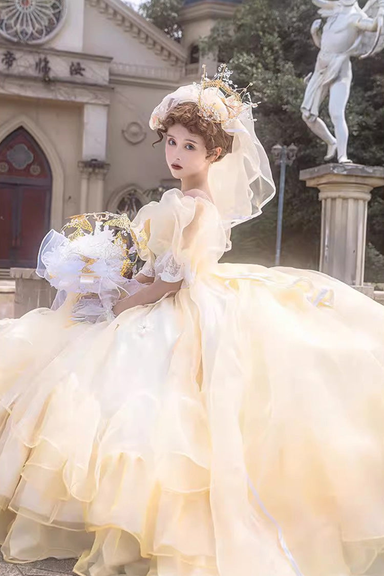 イエロー オフショルダー 半袖 三層 フリル 花嫁風 リボン レース スウィート 大きいサイズ ロリータワンピース 商品画像