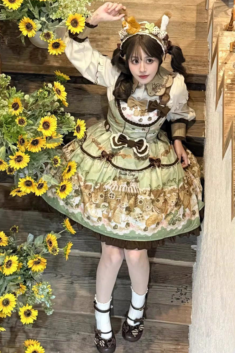 Green [Squirrel Chocolate Shop] Sleeveless Printed Ruffled Bow Sweet Lolita JSK Dress with Blouse - Product - 3