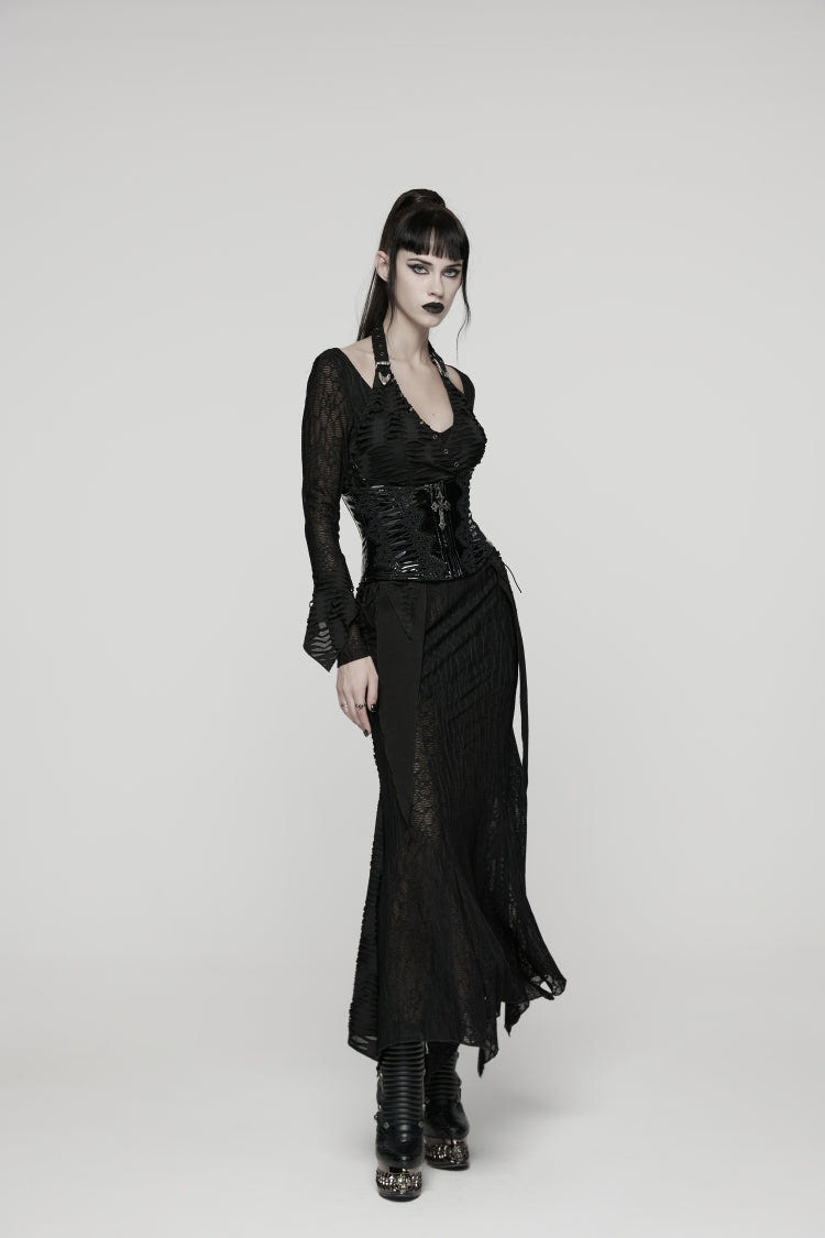 Black Off Shoulder Halterneck Long Trumpet Sleeves Hanayome Lace Lace-Up Women's Punk Dress - Product - 5