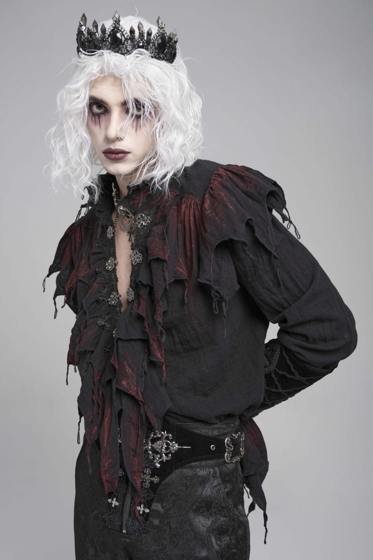 Black/Red Stand Collar Long Sleeves Ruffled Men's Gothic Plunging Shirt - Product - 10