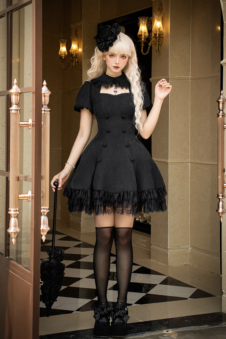 Black [Midnight Whisper] Double-breasted Short Sleeves Hollow Gothic Lolita Dress - Product - 12