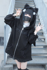 Black Long Sleeves Cat Ears and Tail  Ruffle Bowknot Hooded Gothic Jirai Kei Coat - Black - 1