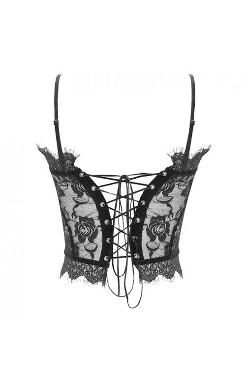 Black Adjustable Flocking Ribbons Decorated Lace Halter Gothic Corset - Product - 9