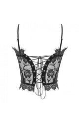 Black Adjustable Flocking Ribbons Decorated Lace Halter Gothic Corset - Product - 9