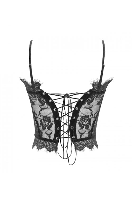 Black Adjustable Flocking Ribbons Decorated Lace Halter Gothic Corset - Product - 9