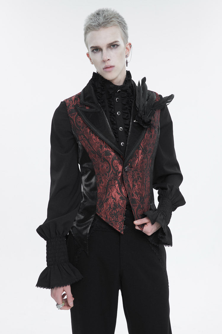 Black/Red Vintage Dark Pattern Men's Gothic Vest With Brooch - Product - 2
