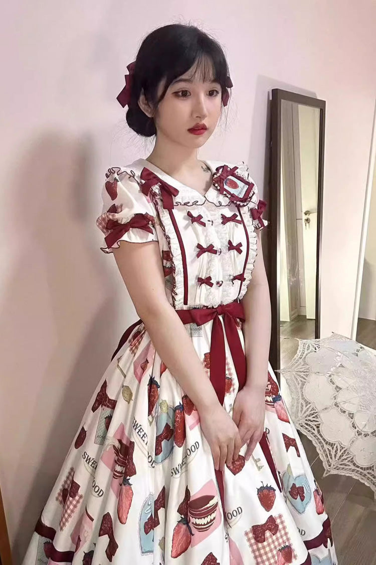 Multi-Color Strawberry Bowknot Print Short Sleeves Long Version Sweet Lolita Dress - Product - 5