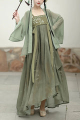 Green High Waisted Embroidery Sweet Chinese Style Hanfu Jsk Dress Full Set - Green - 1