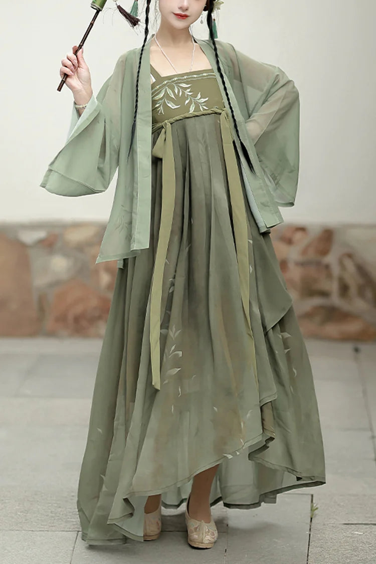 Green High Waisted Embroidery Sweet Chinese Style Hanfu Jsk Dress Full Set - Green - 1