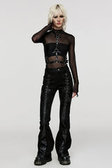Black Metal Eyelets Faux Leather Stitching Mesh Women's Steampunk Pants - Product - 4