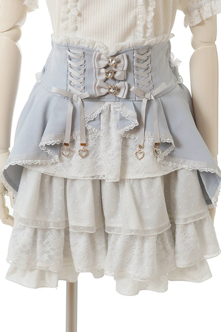Blue Japanese High Waisted Multi-Layered Lace Sweet Jirai Kei Skirt - Blue - 1