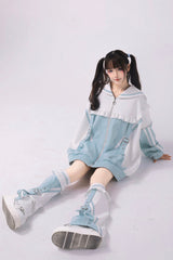 Jirai Kei Long Sleeves Ruffle Color Matching Zipper Coat 3 Colors - White/Green - 2