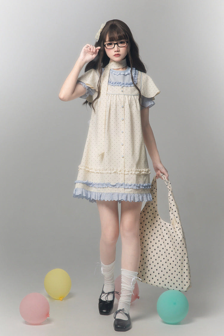 Aqua [Polka Dot Bouclé] Round Collar Long Sleeves Printed Ruffled Faux Two-Piece Sweet Japanese Lolita Dress - Product - 2