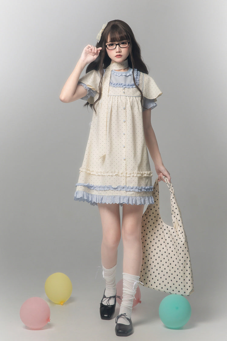 Aqua [Polka Dot Bouclé] Round Collar Long Sleeves Printed Ruffled Faux Two-Piece Sweet Japanese Lolita Dress - Product - 2