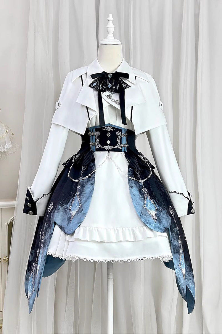 White/Blue Gradient Print Ruffle Cardigan Pearl Sweet College British Knight Style Handsome Lolita Dress Set - White/Blue - 1