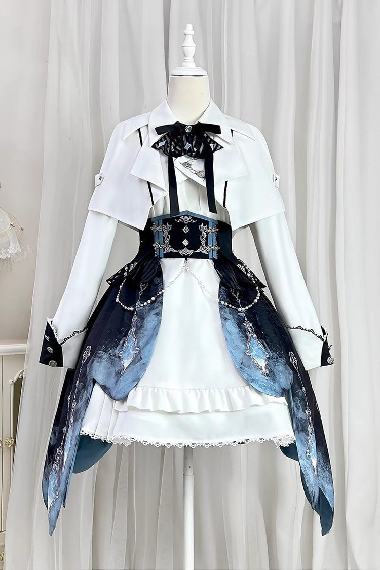 White/Blue Gradient Print Ruffle Cardigan Pearl Sweet College British Knight Style Handsome Lolita Dress Set - White/Blue - 1