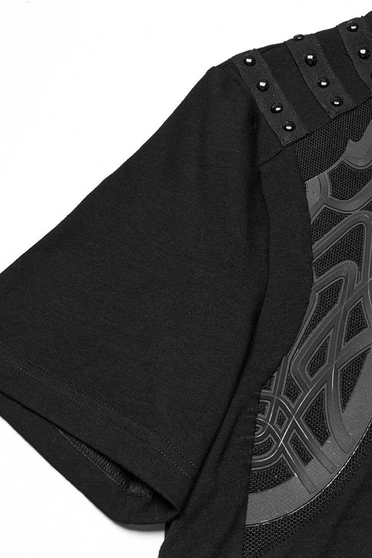 Black Round Collar Short Sleeves Studded Buckle Strap Men's Punk T-Shirt - Product - 7