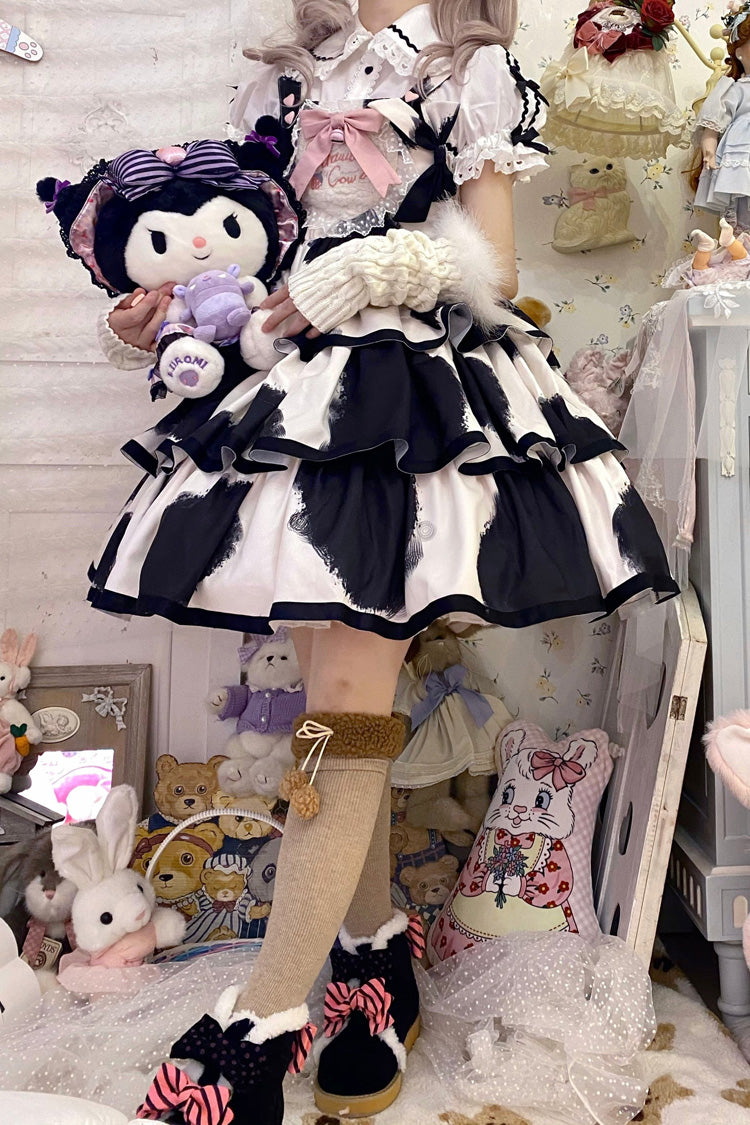 Black Sleeveless Triple-Layered Cow Print Ruffle Bowknot Sweet Lolita Jsk Dress - Product - 9