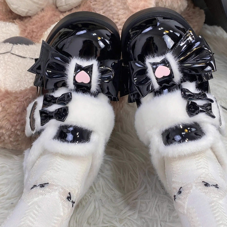 Plush and Thickened Bowknot Sweet Lolita Shoes 5 Colors - Black - 11