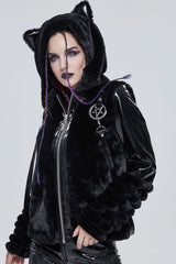 Black Punk Cuff Pleated Design Metal Five-Pointed Star Shape Belt Decoration Cat Ear Women's Coat - Product - 13