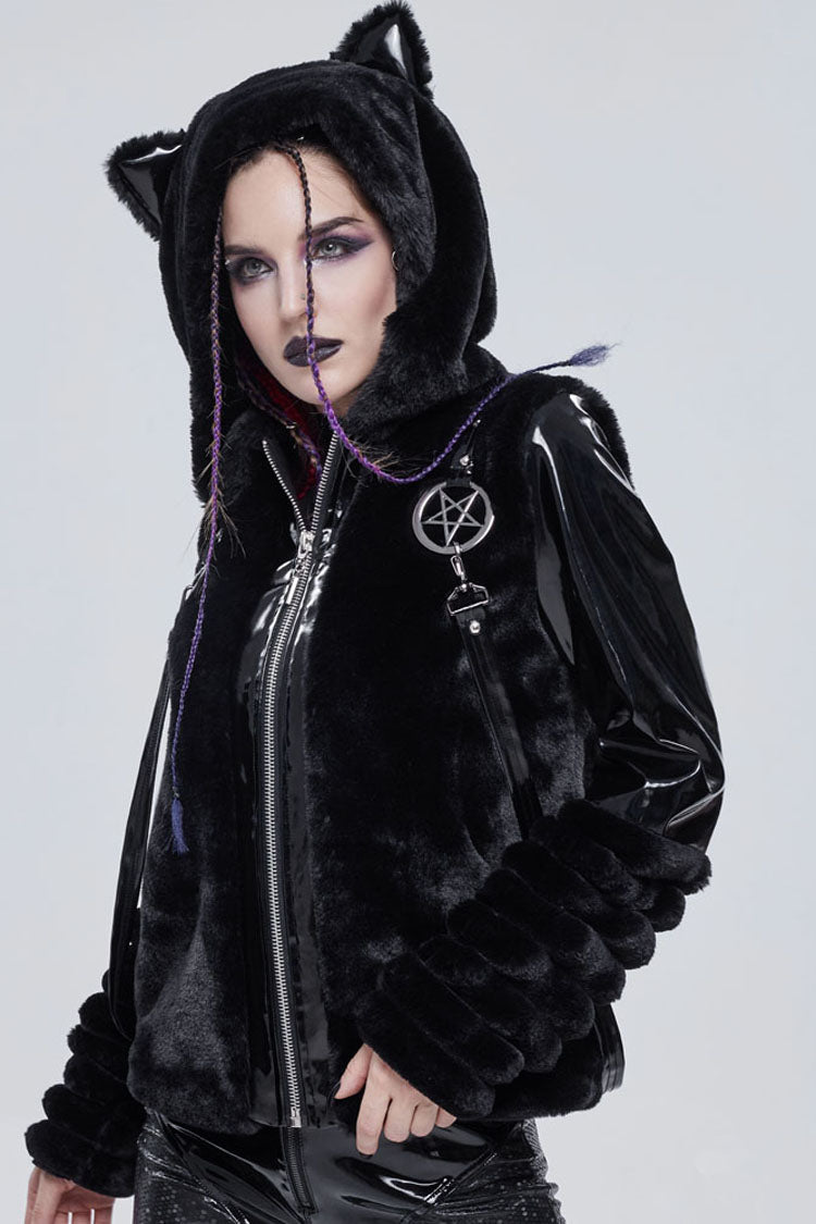 Black Punk Cuff Pleated Design Metal Five-Pointed Star Shape Belt Decoration Cat Ear Women's Coat - Product - 13