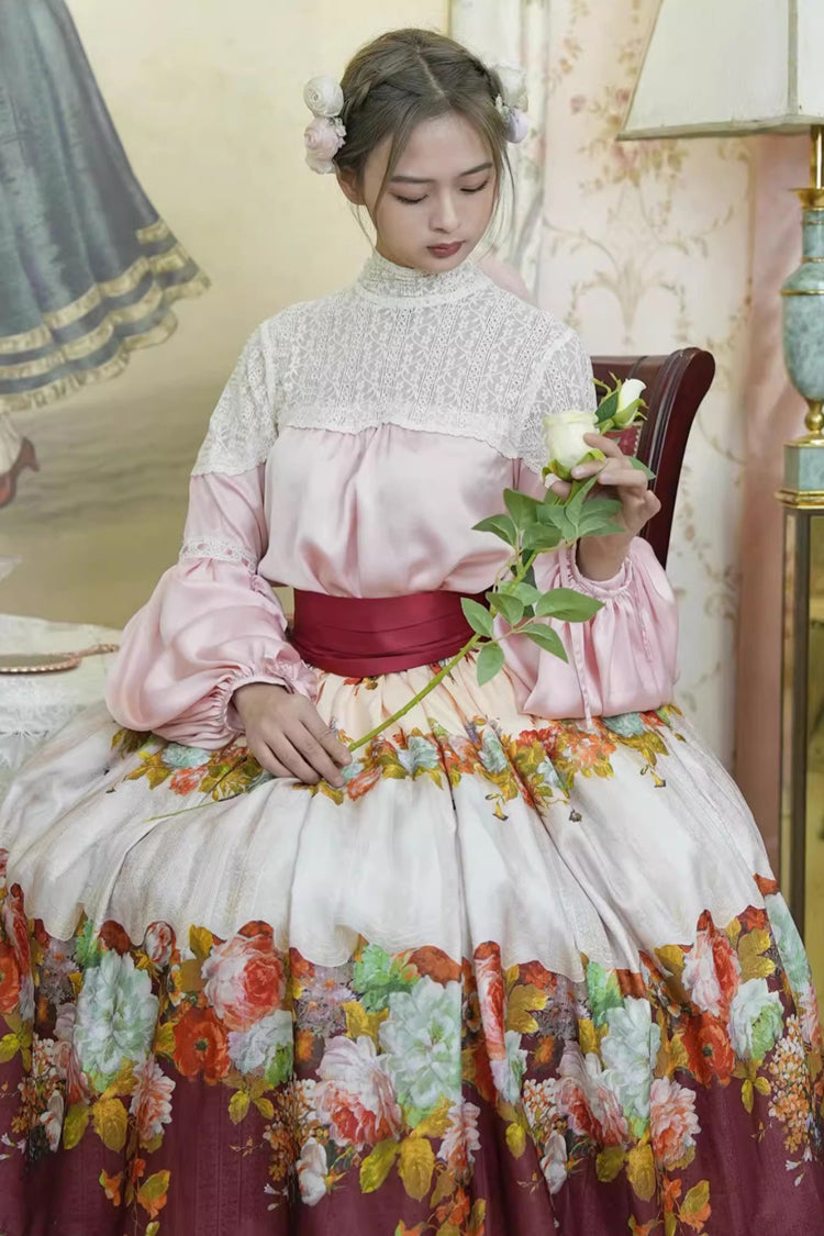 Red [Rainy Season Garden] Print Ruffle Sweet Classic Lolita Skirt - Product - 10