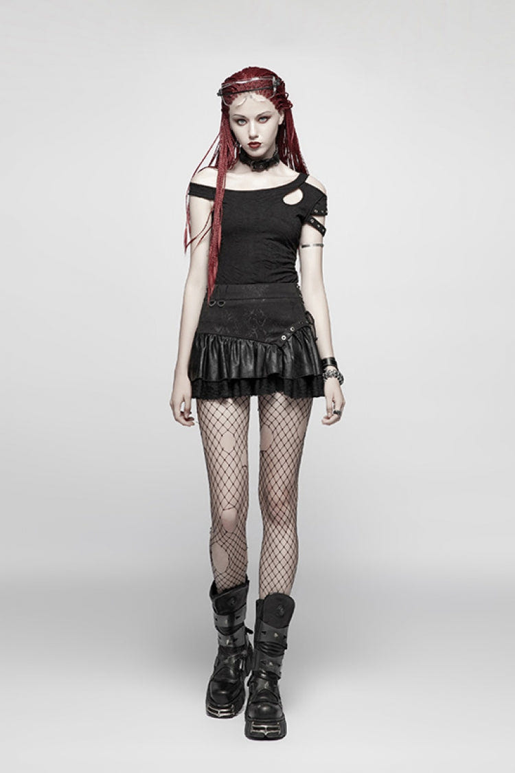Black Multi-layer PU Leather Stitching Lace Women's Steampunk Skirt - Product - 4