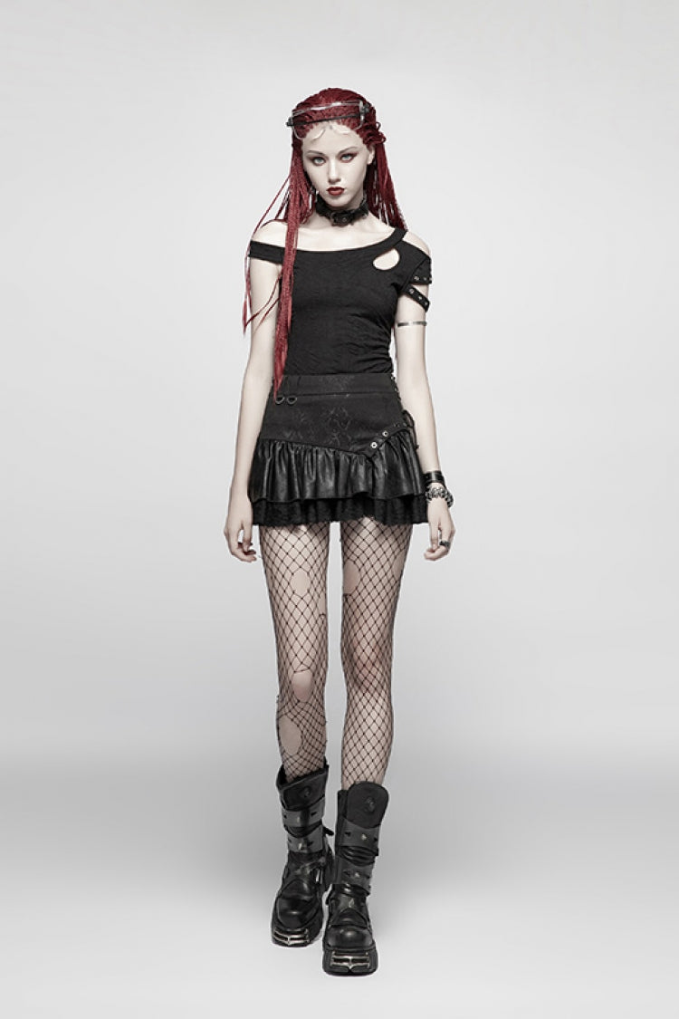 Black Multi-layer PU Leather Stitching Lace Women's Steampunk Skirt - Product - 4